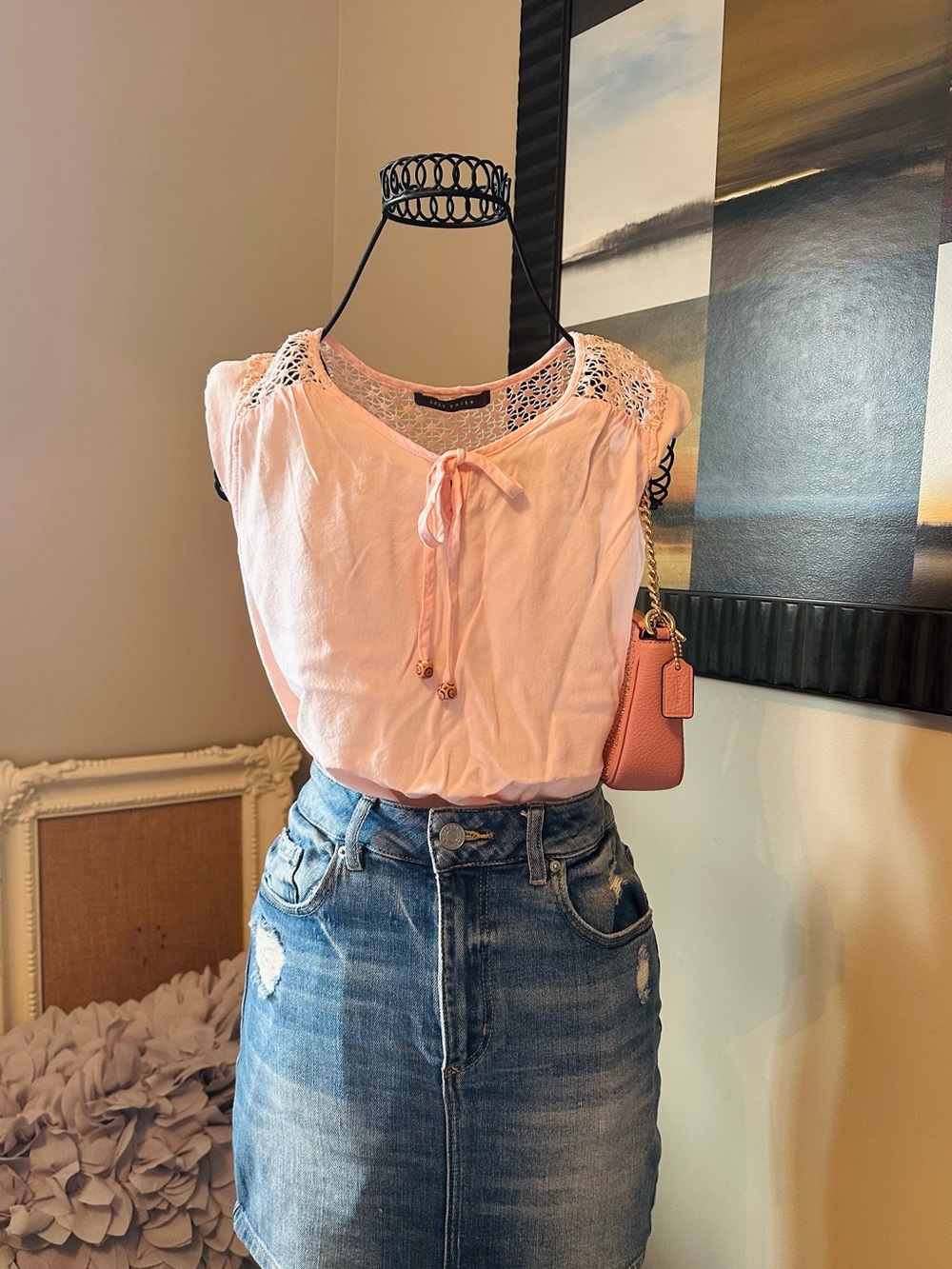 Shabby Chic Light Pink Crochet Tie Front Women's Top 💕